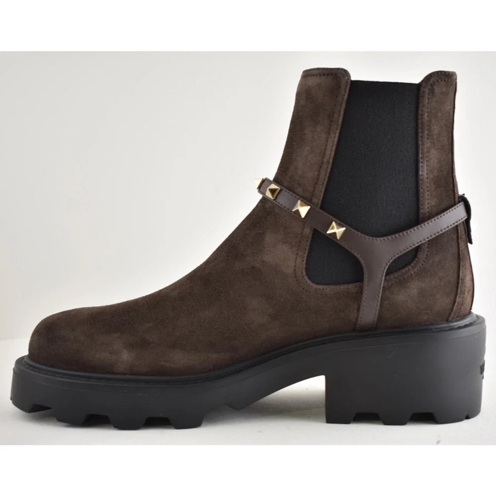 Valentino Rockstud Beatle Brown Suede 55mm Short Ankle Flat Chelsea Boot 38.5